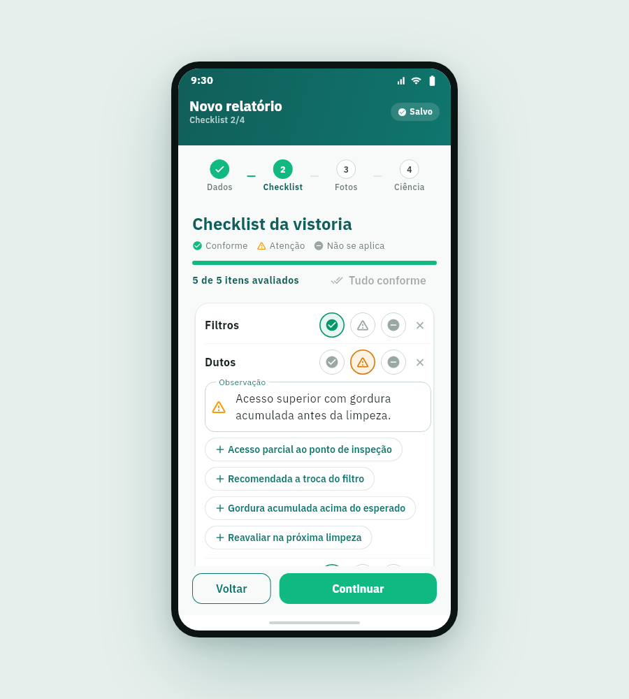 Tela de checklist da limpeza de coifa no RelatórioFácil.