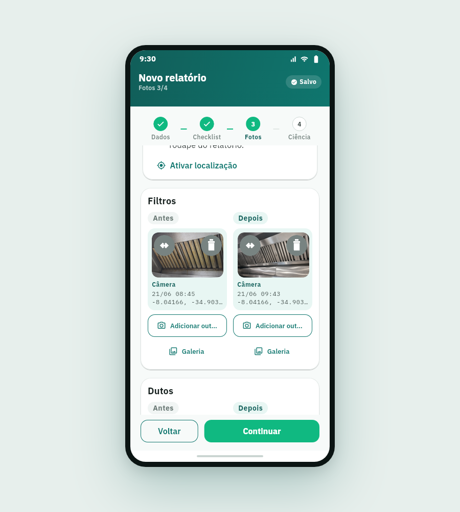 Tela de fotos antes e depois no app RelatórioFácil.